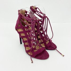 Charlotte Russe Lace Up Heels 6 Burgundy Suede Peep Toe Stiletto Strappy Sandals